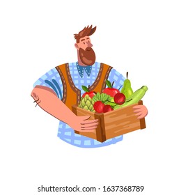 Vector illustration with farmer holding a box with fruit and vegetables. Bearded smiling rancher with his harvest. Colorful flat logo for farm markets, organic products shops, signboards and packages