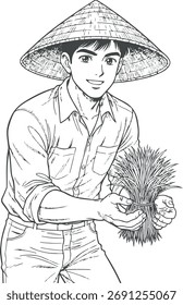 vector illustration of a farmer holding wheat using a straw 