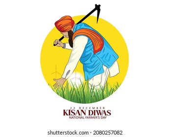 Vector Illustration Of Farmer For Kisan Diwas, Means National Farmer’s Day With Silhouette 