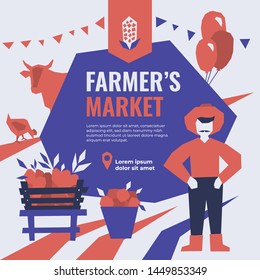 Vector illustration of farmer and local farmer’s market. Selling fruit, vegetables, dairy product,meat, cheese, farm's food. Poster design for local farm market. Template for banner,advert,print,flyer