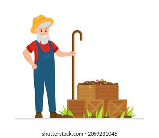 Vector illustration of farmer makes compost. The concept of composting organic waste. Organic raw materials. Isolated on white.