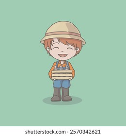 A Vector illustration of Farmer with Milk Crate. Farmer Series. Suitable for farmer bussiness, education, printing, advertising with farm concept, Tourism industry wit farmer concept etc