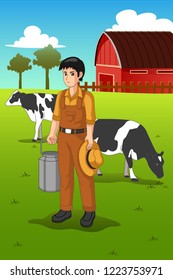 A vector illustration of Farmer Milking Cow