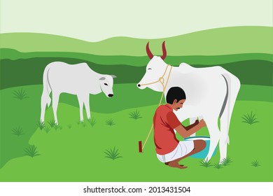 vector illustration of farmer milking a cow in farm 