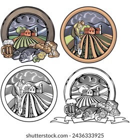 Vector illustration of a farmer and an organic farm, surrounded by gardens, fields and mountains, done in retro woodcut style. Farmer digging the land. Multitude of homestead food products.