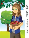 A vector illustration of a farmer picking apples from the tree
