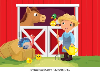 Vector illustration of farmer with pitchfork and watering can near animal house