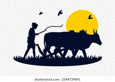 Vector illustration of farmer ploughing with bullocks on transparent background