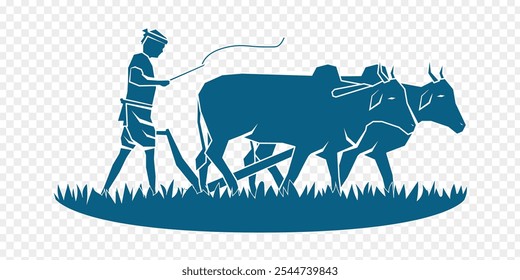 Vector illustration of farmer ploughing with bullocks on transparent background