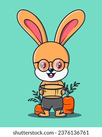 ilustración vectorial del conejo campesino llevando una cesta linda. plantas de zanahoria cercanas. concepto de icono de animal lindo