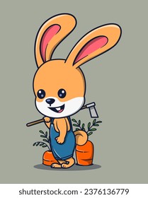vector illustration of a farmer rabbit carrying a cute hoe. carrot plants nearby. cute animal icon concept
