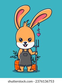 vector illustration of farmer rabbit holding farming tools. cute animal icon concept