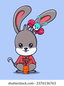 vector illustration of a farmer rabbit holding a cute scythe. carrot plants nearby. cute animal icon concept