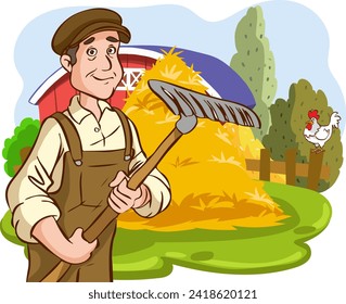 vector illustration of a Farmer with a Rake in Front of a Farm House