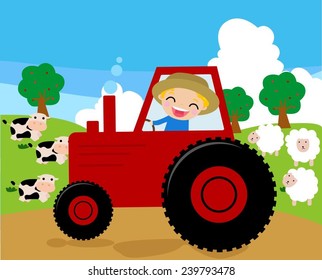 A vector illustration of a farmer riding a tractor working in his farm
