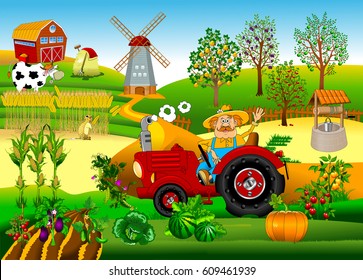 Una ilustración vectorial de un agricultor que conduce un tractor trabajando en su granja