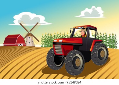 A vector illustration of a farmer riding a tractor working in his farm