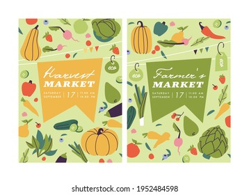 Vector illustration farmer' s market vertical poster or banner. Compostion with natural vegetables and organic fruits. Advertising poster of local organic farmer market event