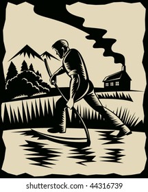 vector illustration of a Farmer with scythe at work with house in background