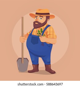 Vector illustration of a farmer with a shovel and seedlings