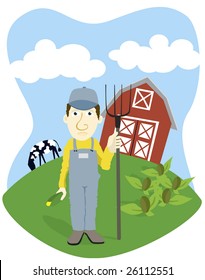 Vector illustration of a farmer standing in front of his barn.