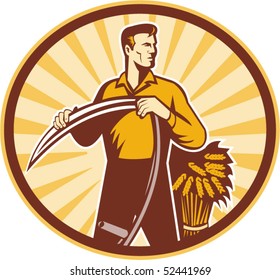 Vector Illustration Of A Farmer Standing Holding Scythe And Wheat Crop