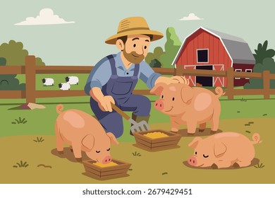 Eine Vektorgrafik von Bauer kümmert sich um Schweine