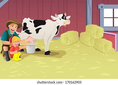 A vector illustration of farmer teaching kid how to milk a cow