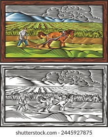 Vector illustration of a farmer, tilling his land in a traditional way, using horse power. Organic farming and self-sustainability concept. Retro woodcut style. Color and black and white versions.