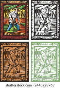 Vector illustration of a farmer, tilling his land in a traditional way. Organic farming and self-sustainability concept. Retro woodcut style. Several versions, including black and white ready-to-cut.