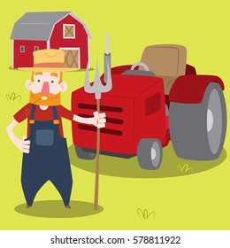 vector illustration of farmer, tractor and barn