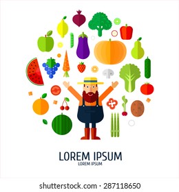 Vector illustration of farmer and vegetables