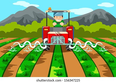 Una ilustración vectorial de un agricultor regando la granja con un tractor 