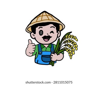 A vector or illustration of a farmer wearing a conical hat, holding a bundle of harvested rice and giving a thumbs-up.