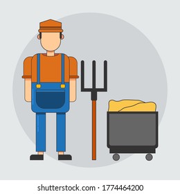 vector illustration of a farmer wearing orange and blue clothes and there are farming tools such as a grain cart