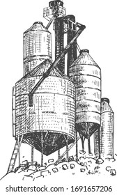 Vector illustration of farmers building. Grain silo storage elevator in a vintage hand drawn style.