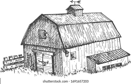 Vector illustration of farmers building. Stable farm house in a vintage hand drawn style.