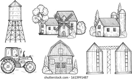Vector illustration of farmers buildings and vehicle set. House, water tower, windmill, grain silo, grain elevator, farm, tractor. Vintage hand drawn style.