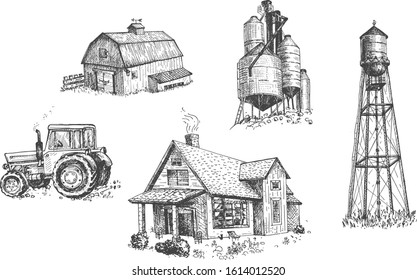 Vector illustration of farmers buildings and vehicle set. House, water tower, windmill, grain silo, grain elevator, farm, tractor. Vintage hand drawn style.