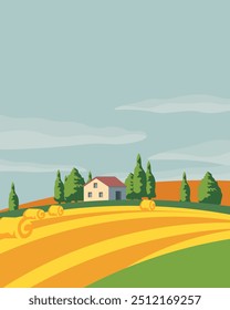 Vector illustration. Farmers market, harvest, agricultural field. Poster, banner, postcard, cover. Modern design. Agriculture.