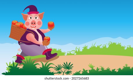 vector illustration of a farmer's pig, harvesting tomatoes, perfect for children's themed design 