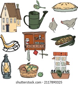 vector illustration farmhouse,chair,shelf,window with flowers,corn cob,chicken,pie,lamp,basket with apples,for design