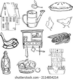 vector illustration farmhouse,household,farmhouse furnishings,animals,food,crops,black liner,outline,for design