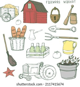 vector illustration ,farming kit,hay cart,barn,castle,shovel and pitchfork,bread and milk,jug,tractor,iron bucket with cotton,for design or decoration