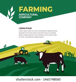 Vector illustration of farming with tractor, combine harvester, cows in pasture. Design element with spike of wheat for agricultural company. Template for banner, annual report, prints, flyer, booklet