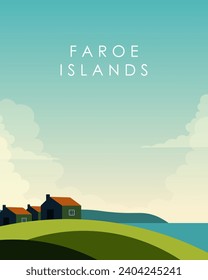 Ilustración vectorial. Islas Feroe. Diseño de afiches, tarjeta de viaje, banner vertical.