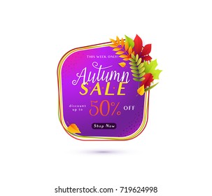 Vector illustration of fashion autumn sale banner isolated on white background with white round geometric frame, color lines, calligraphy text sign 50 percent off, falling leaves
