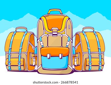 Vector illustration of fashion backpacks on blue winter background. Hand draw line art design for web, site, advertising, banner, poster, board and print.