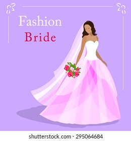 Vector illustration of a fashion beautiful bride in wedding dress and holding a bouquet