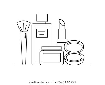 Vector illustration for fashion and beauty accessories. A hand-drawn set of makeup essentials including perfume, skincare, lipstick, and a beauty brush.